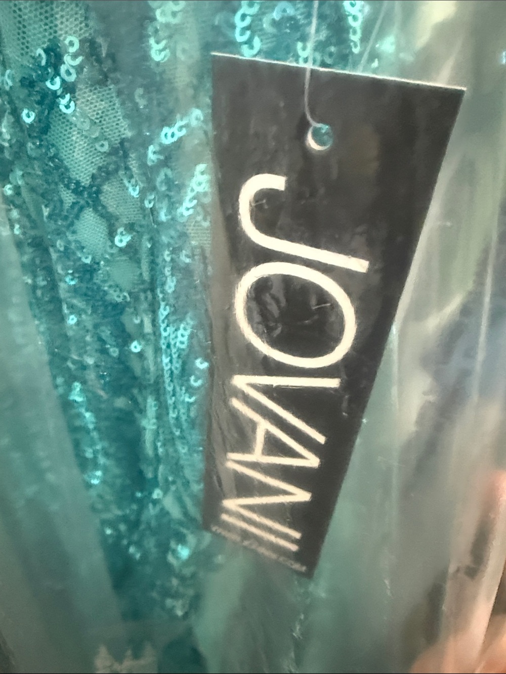NWT Jovani $798 MSRP Turquoise Sequin & Beaded Feather Trim Floor Length Gown 14 - Picture 8 of 8